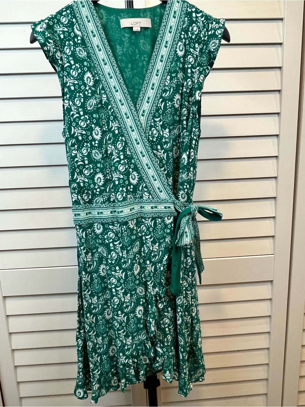 LOFT Teal Green Floral Wrap Dress with White Print
